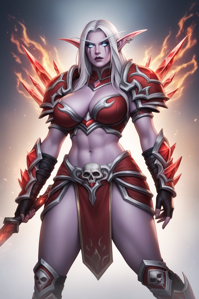 Intricate Armor With Skull-like Accents, A Female Night Elf Character From World Of Warcraft, Piel Morada Porno IA