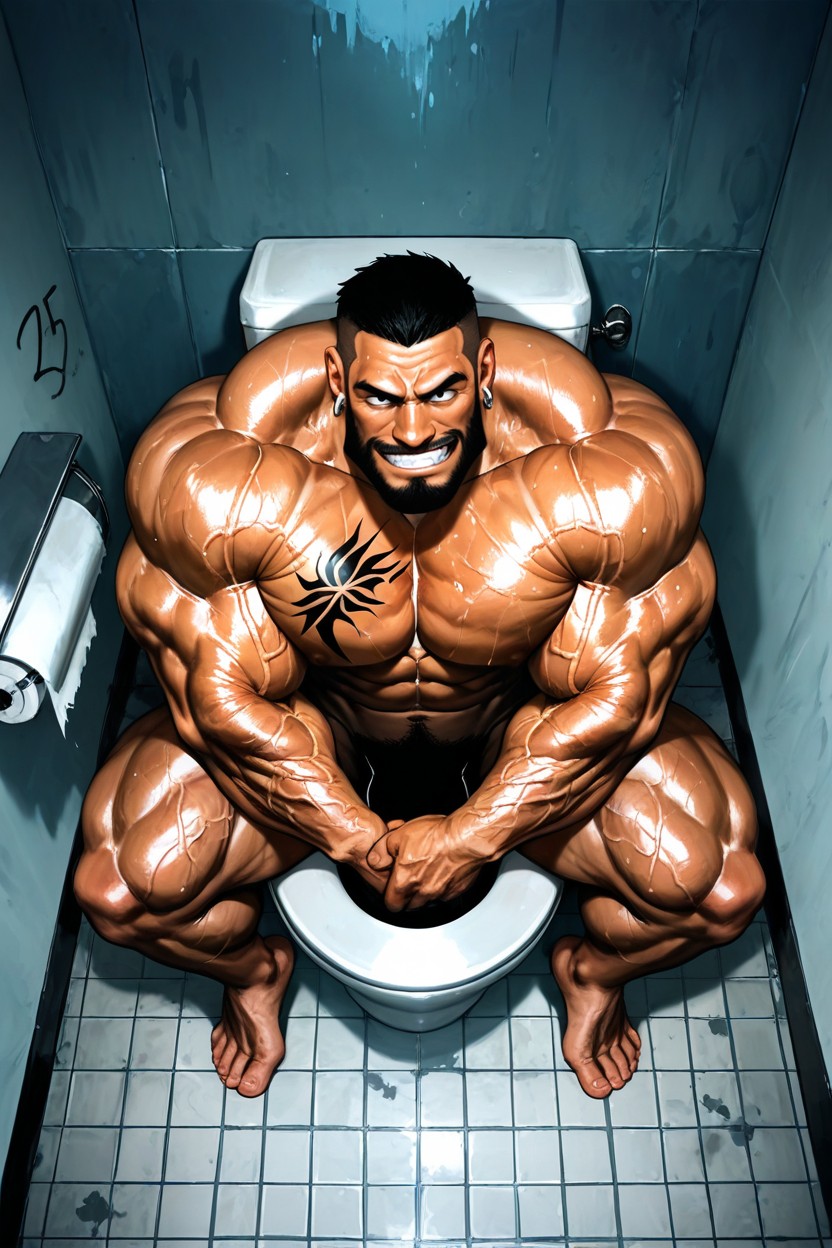 Neck Wider Than Face, Dark Tanned Skin, Bodybuilder Pornografia gay com IA
