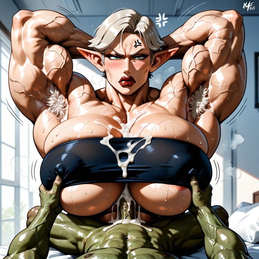 Armpit Hair, Blush, Hyper Muscular Female Arms Hentai AI Porn