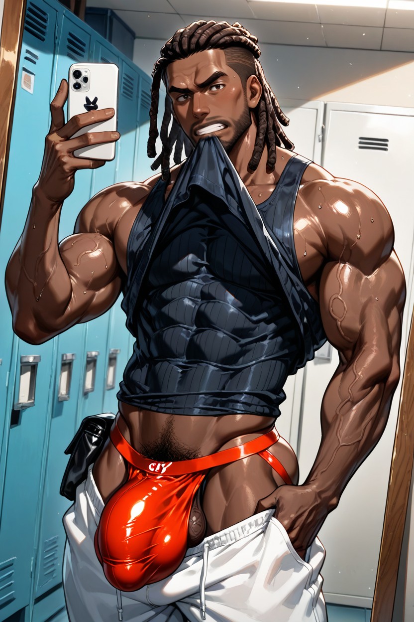 Very Dark Complexion, Mirror Selfie With A Smartphone, Dreadlocks ゲイAIポルノ