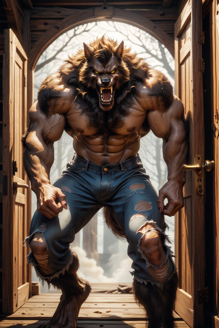 Smokes In The Air, Werewolf Flexing Biceps, Intense Expressions AI Gay Porn