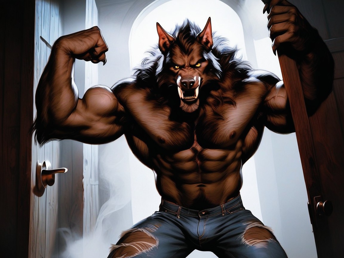 Werewolf Glowering Forward At The Viewer, Werewolf Legs, Wide-shot AI Gay Porn