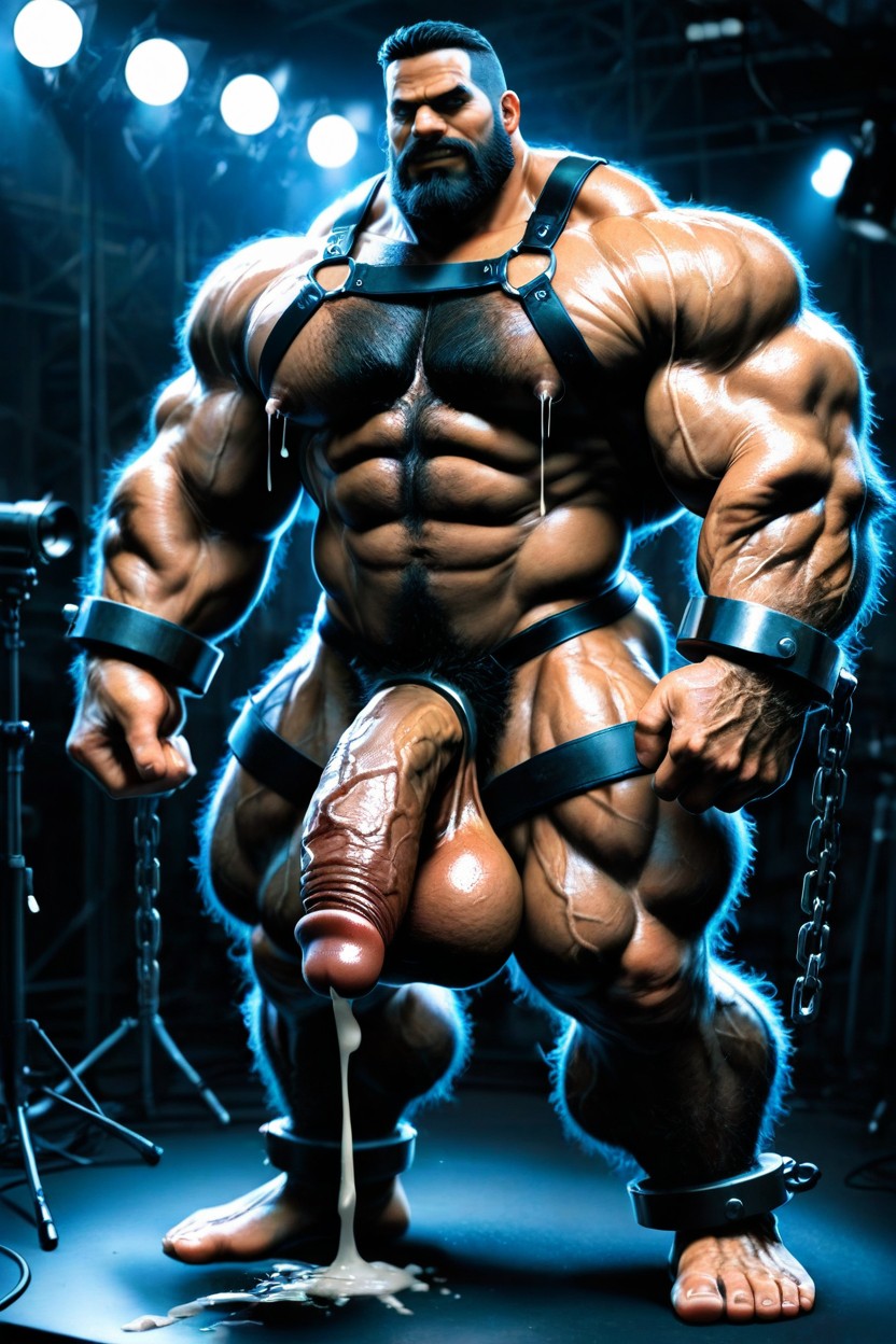 Chains, Cock Ring, And Sharp Professional Studio Photograph Of A Middle-aged Giant Beefy Bulky Daddy Muscular Man AI Gay Porn