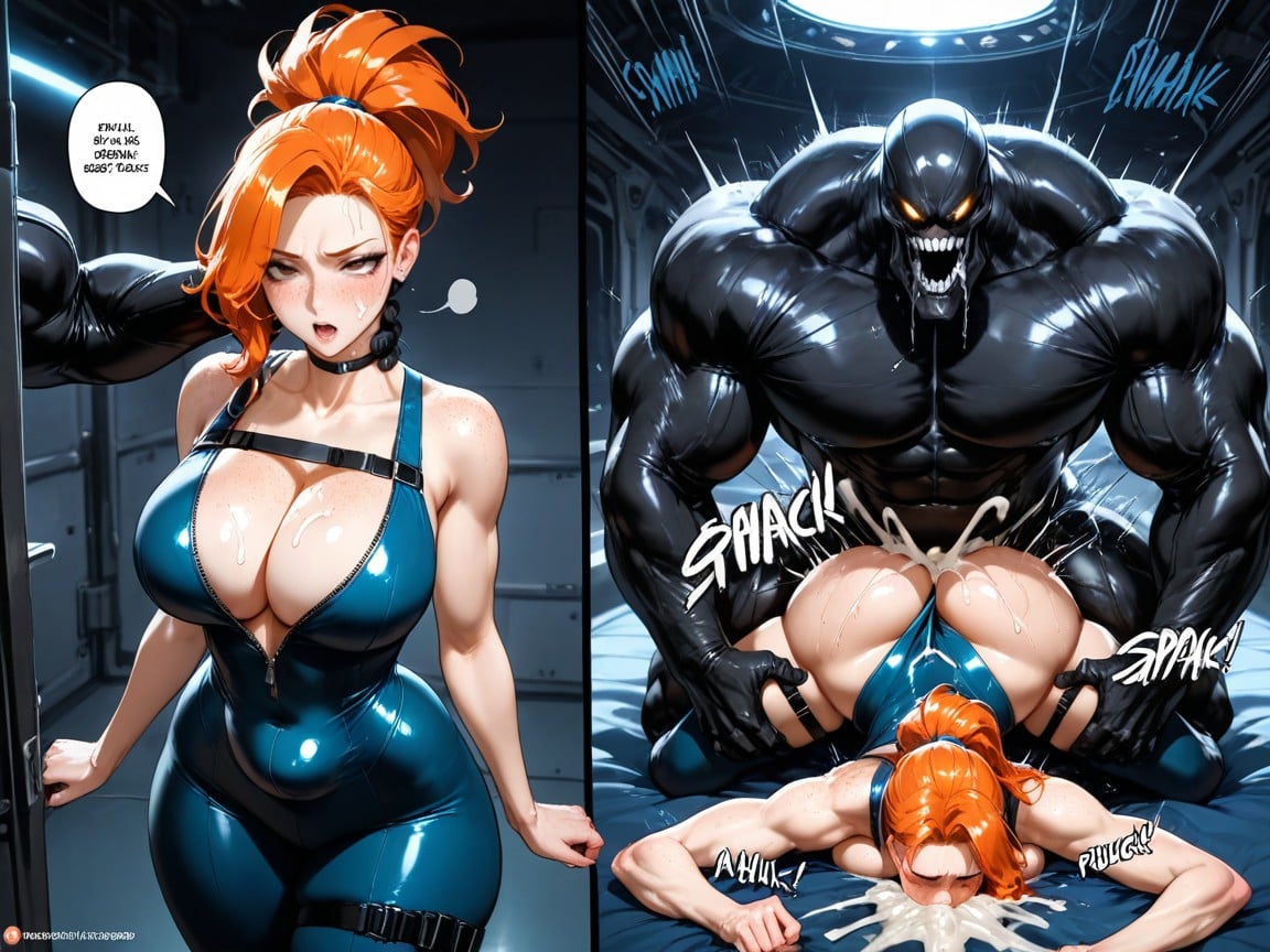 Inflated Stomach, Hot Ginger Woman With Brown Eyes And Long Ginger Ponytail, Black Chest Straps AI黃片