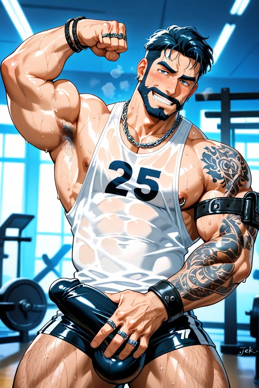 Dark Beard, Drooling, Leather Harness AI Gay Porn