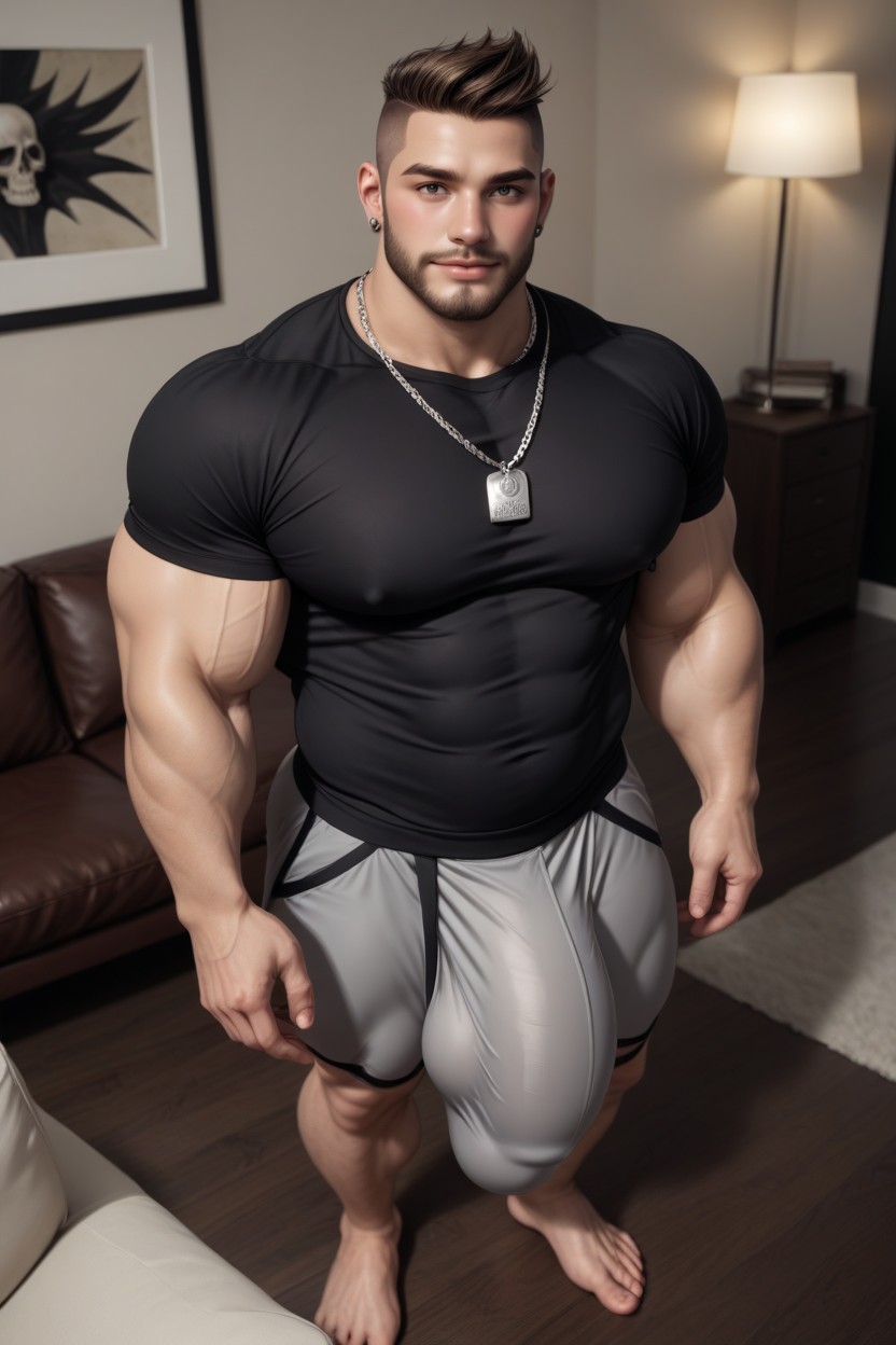 Wearing Tight Grey Sweatshirt, Brown Hair, Shaved Head AI Gay Porn