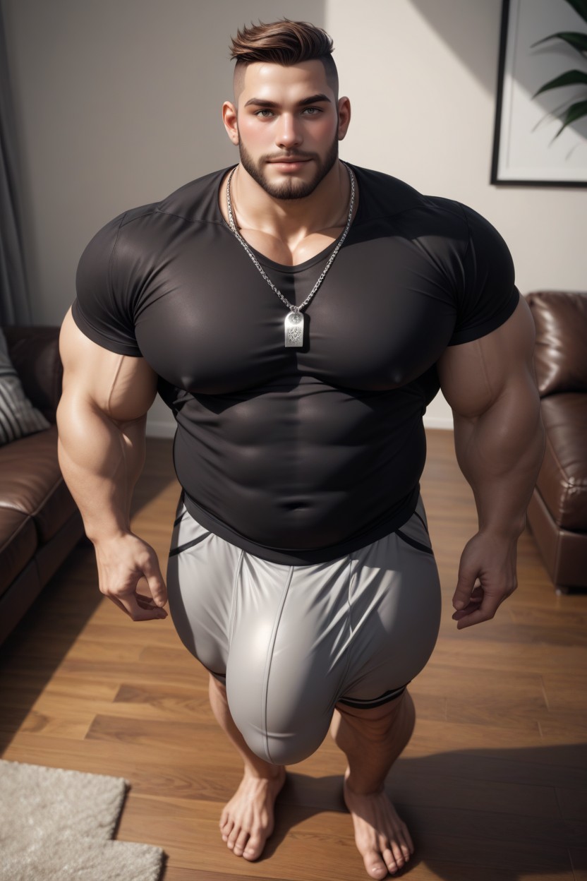 Gigantic, Hyper Thick Bulge, Wearing Tight Grey Sweatshirt AI Gay Porn