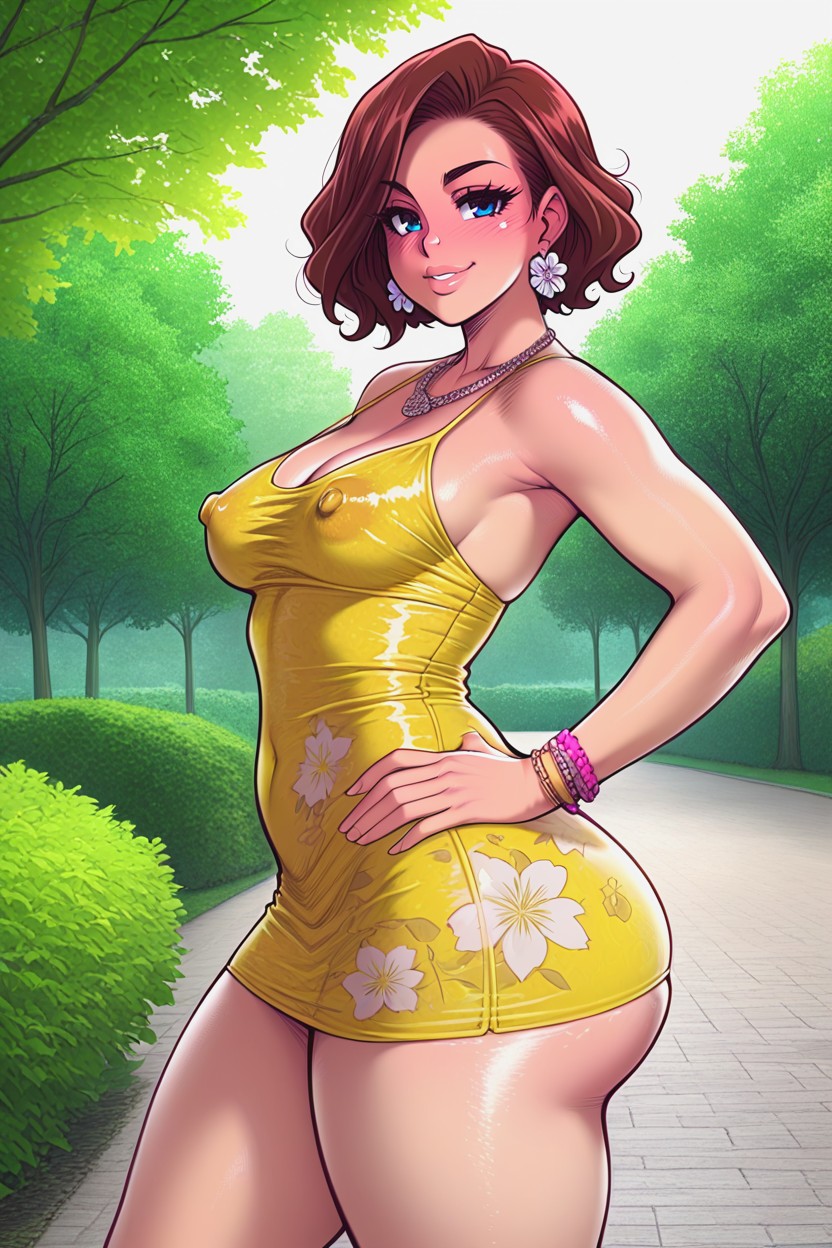 Floral Yellow Sundress, Nipple Bulge, Sleek Bob Hentai AI Porn