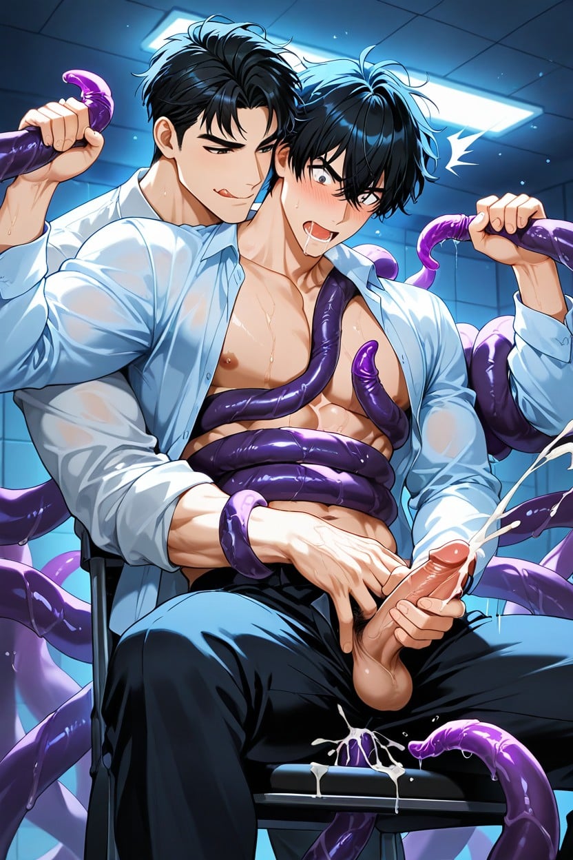Other Man Touching His Chest, Touching Penis, Eyes Looking Down At Penis Being Masturbated By Someone Else AI Gay Porn