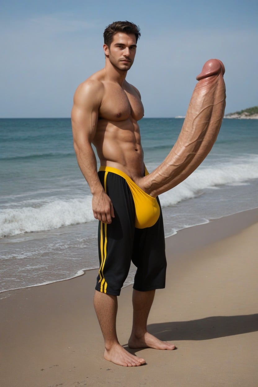 Fully Clothed By Speedo And No Shirt, Waist Shot, Growing Cock Inside Yellow Speedo AI Gay Porn