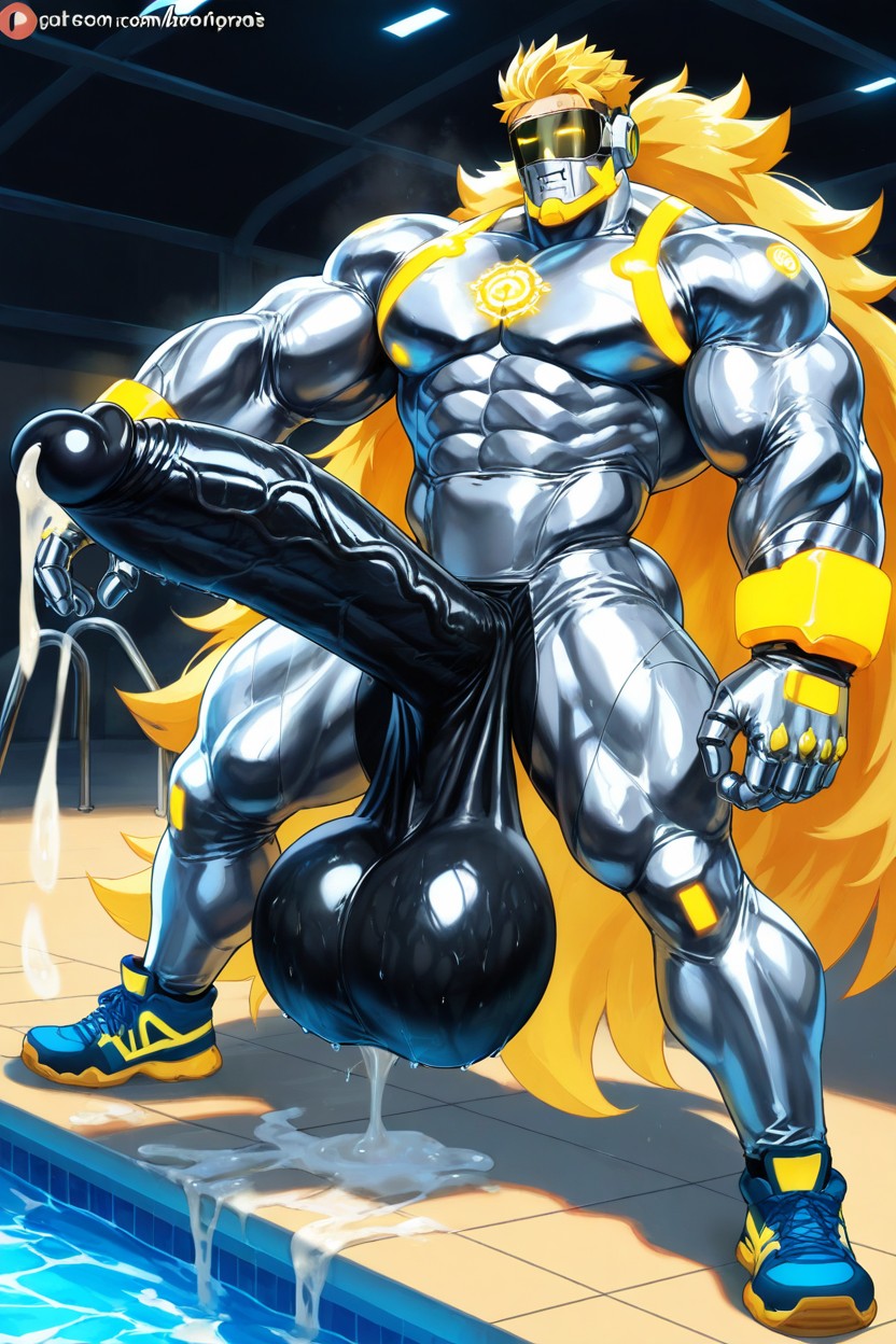 Hyper Exaggerated Gigantic Muscle Physique, Neon Yellow Sci-fi Harness, Tanned Skin Porno gay IA