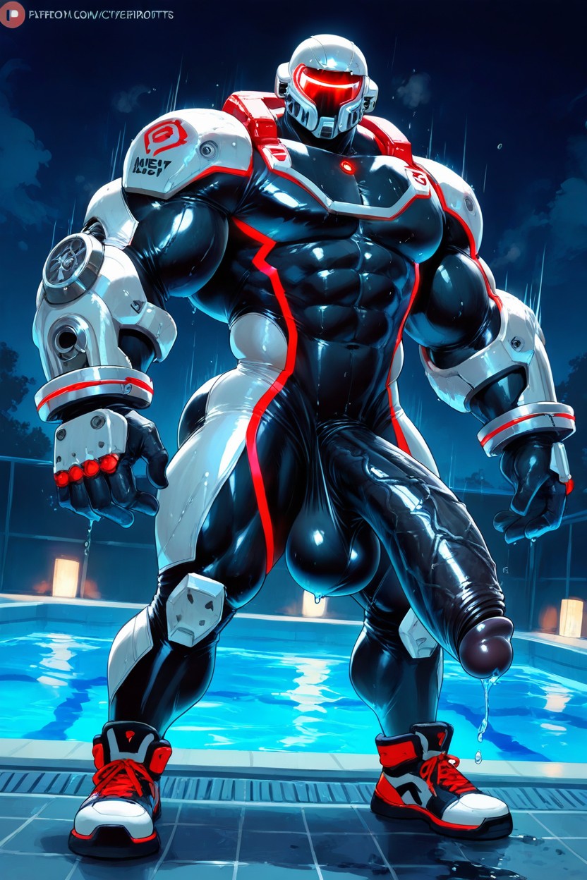 Male Only, Glowing Neon Red Trim Silver Sci-fi Rubber Swimming Fitting Full Body Tech Suit, Bara AI Gay Porn