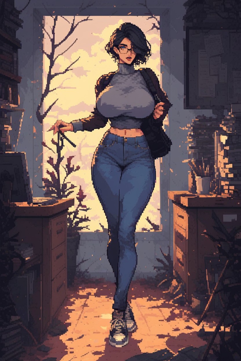 Blue Eyes, Grey Big Sweater, Jeans Hentai IA