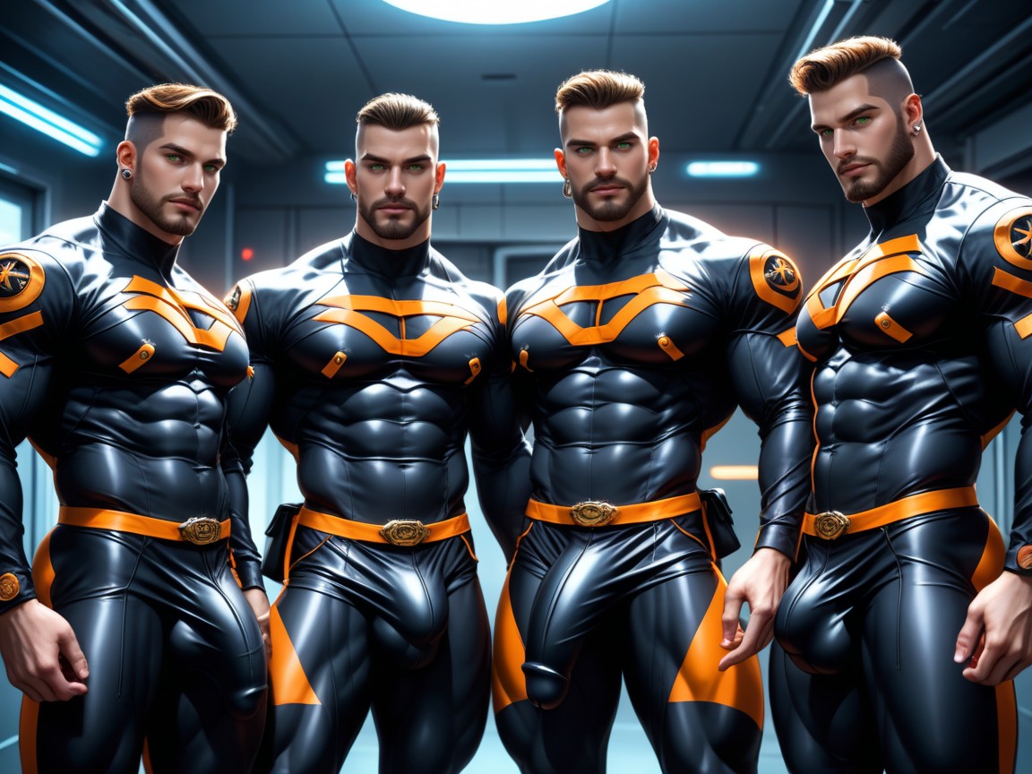 Very Muscular, Black With Orange Trim Chest Harness, All Clones Have Beards AI Gay Porn