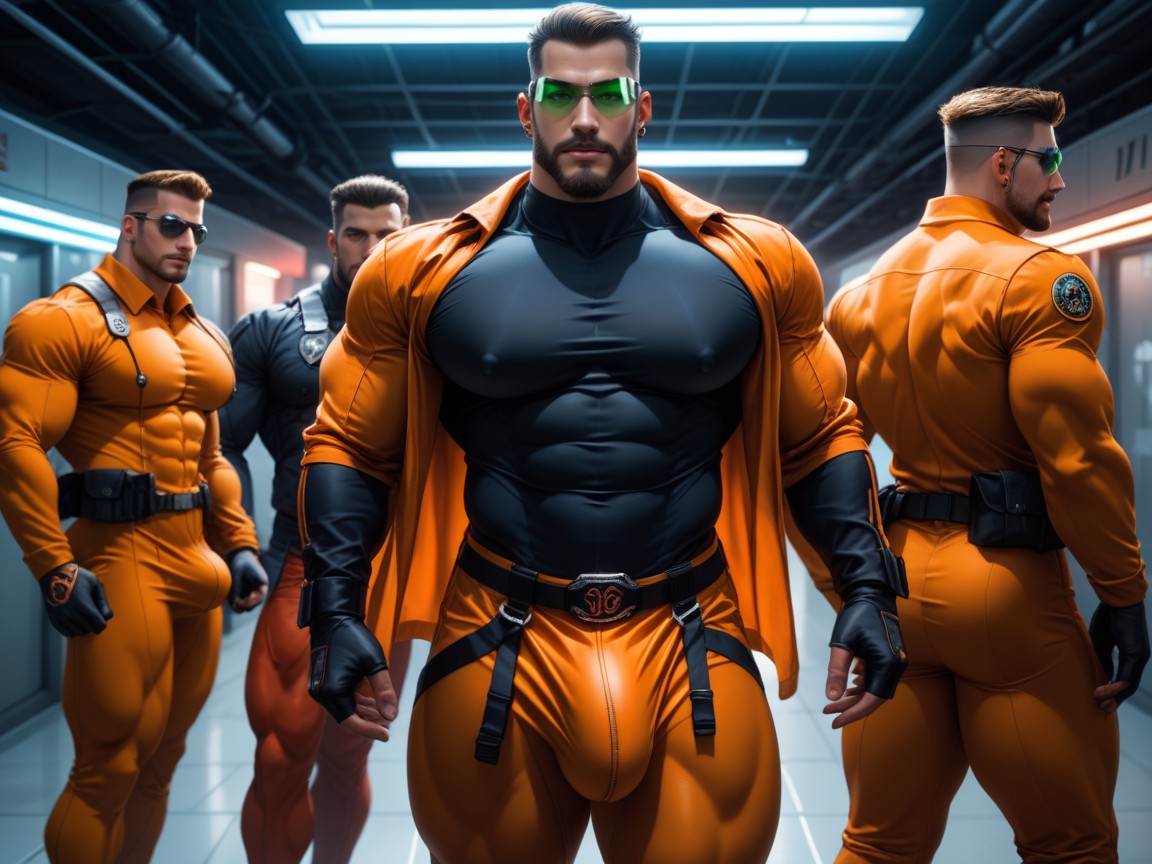 Night, Black With Orange Trim Thong, Black With Orange Trim Chest Harness AI Gay Porn
