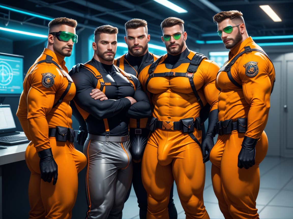 Wearing A Black With Orange Trim Bodysuit, 25+, All Clones Have Beards AI Gay Porn