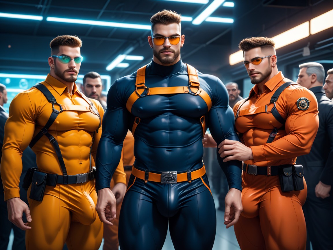 Sleek Form-fitting Clothing, Sleek Visor Glasses, Muscle Daddy Physique AI Gay Porn