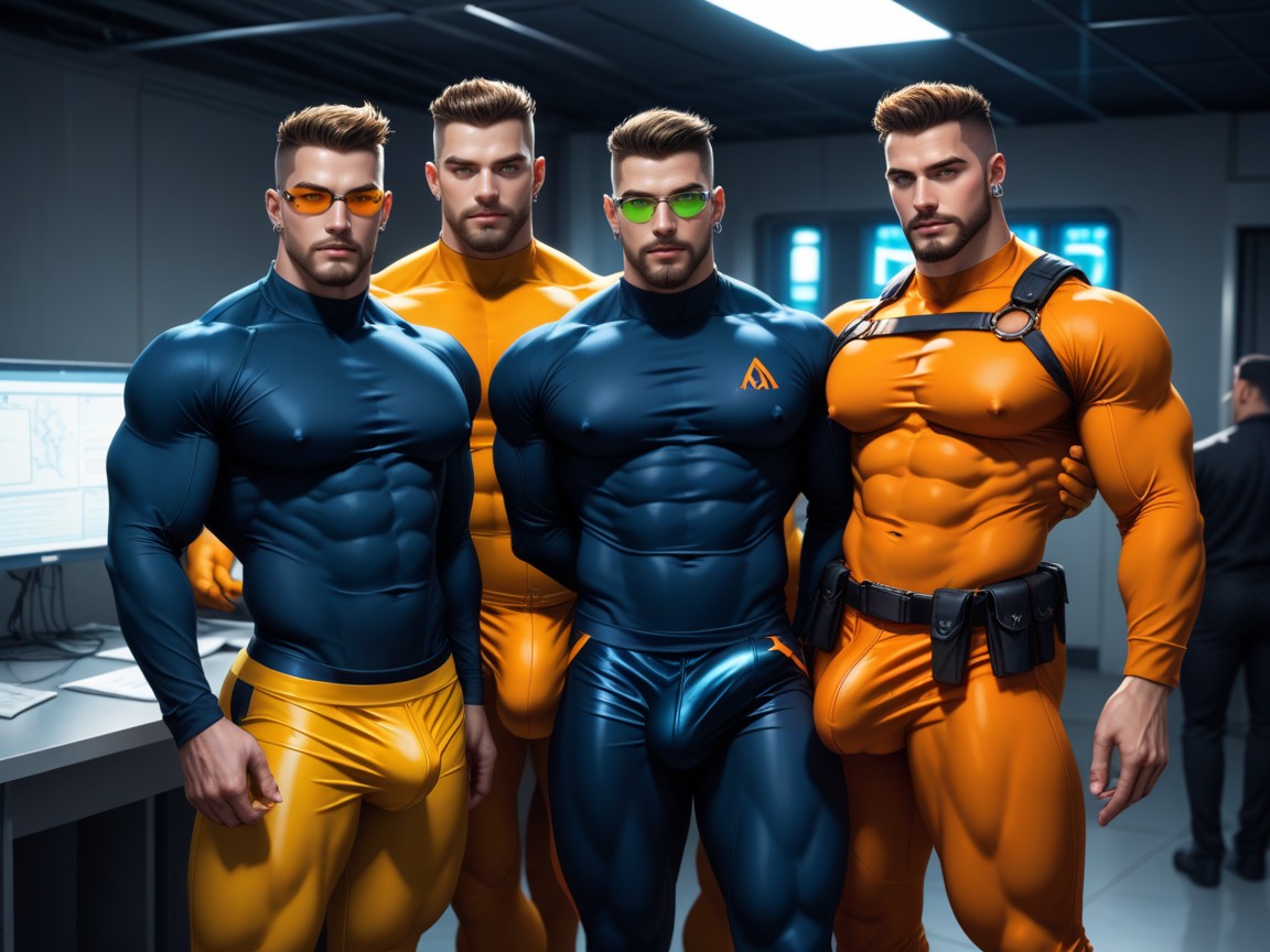 Full Thick Beard, Muscle Daddy Physique, Wearing A Black With Orange Trim Bodysuit AI Gay Porn