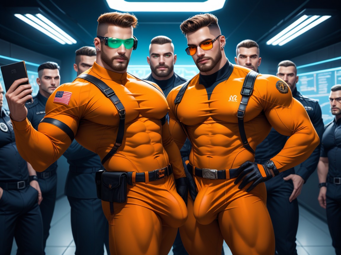 Skintight Clothing, Huge Veiny Bulge, Black With Orange Trim Thong AI Gay Porn
