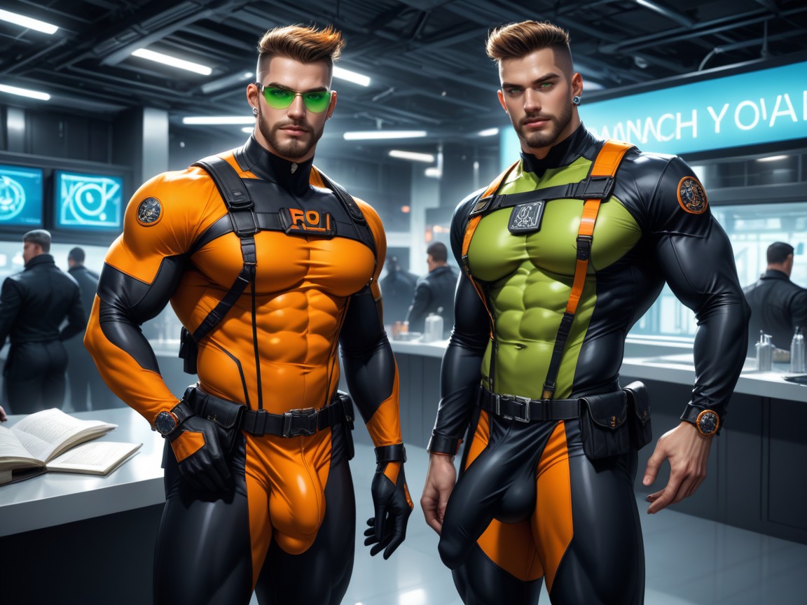 Sleek Form-fitting Clothing, Pierced Ears, Black With Orange Trim Chest Harness AI Gay Porn