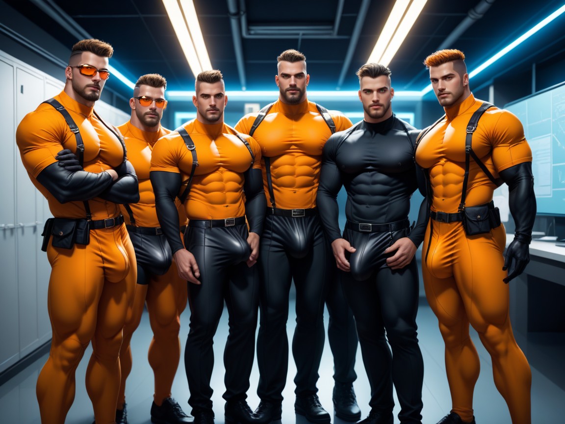 Aggressive, Gay, Wearing A Black With Orange Trim Bodysuit AI Gay Porn