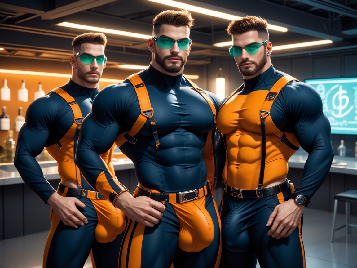 Wearing A Black With Orange Trim Bodysuit, Very Muscular, Huge Veiny Bulge AI Gay Porn