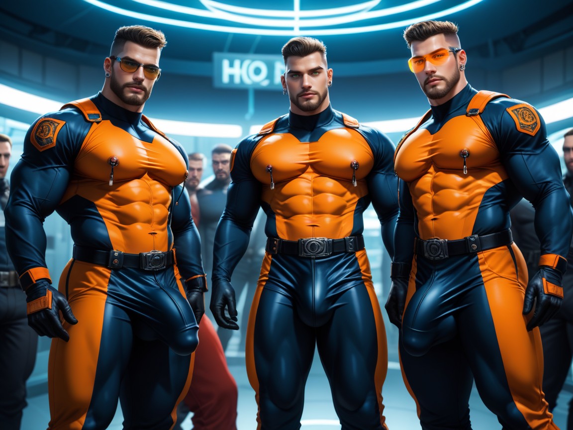 Wearing A Black With Orange Trim Bodysuit, Neon, Horny AI Gay Porn