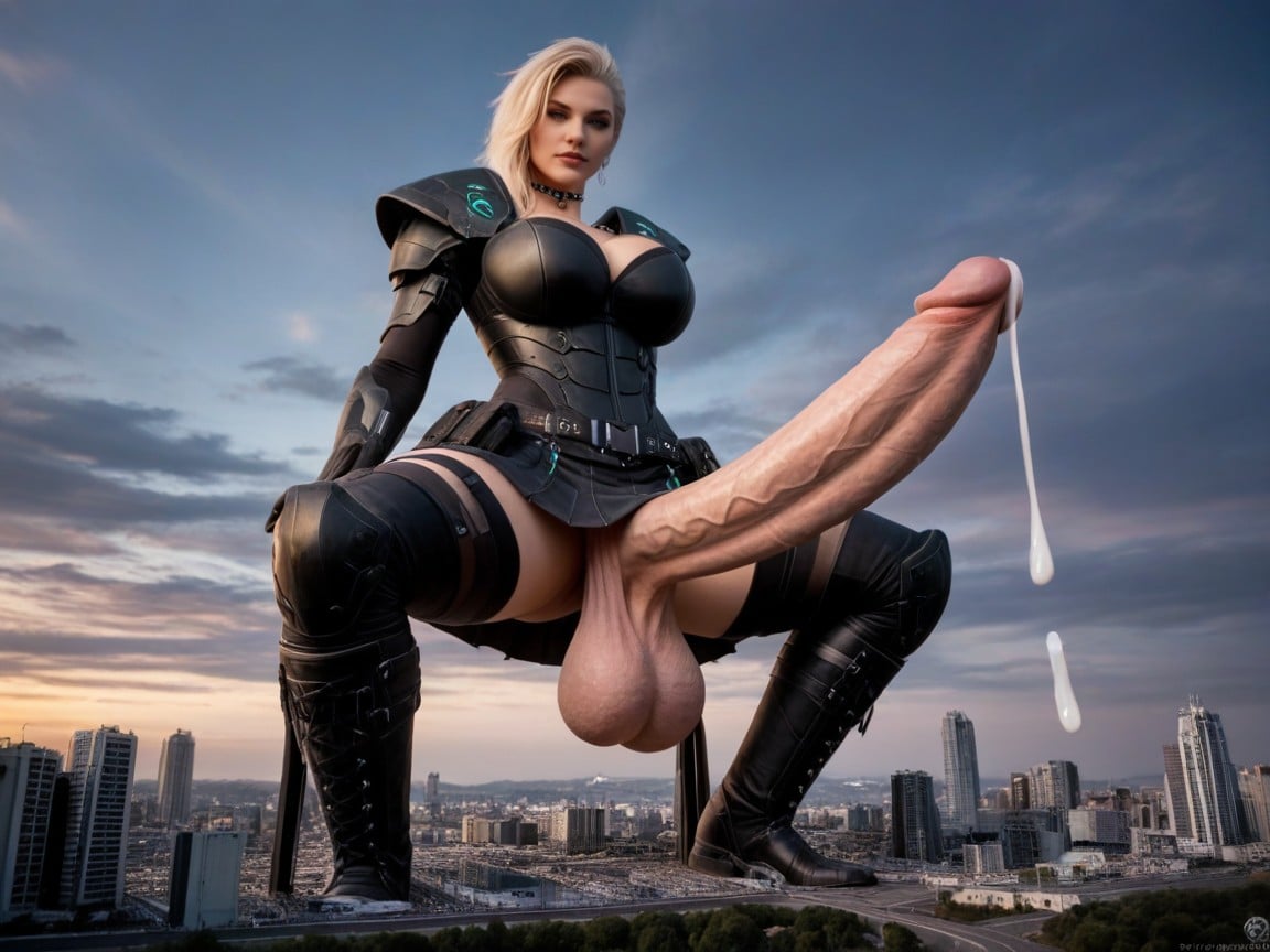 High-tech Materials, Full Body View Of Macro Sized Blonde Futanari, Massive Balls AI Porn