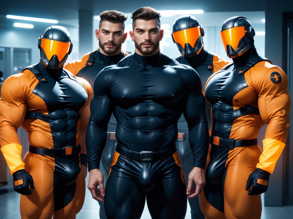 Bodysuit Is Extremely Form Fitting, Black With Orange Trim Thong, Horny AI Gay Porn