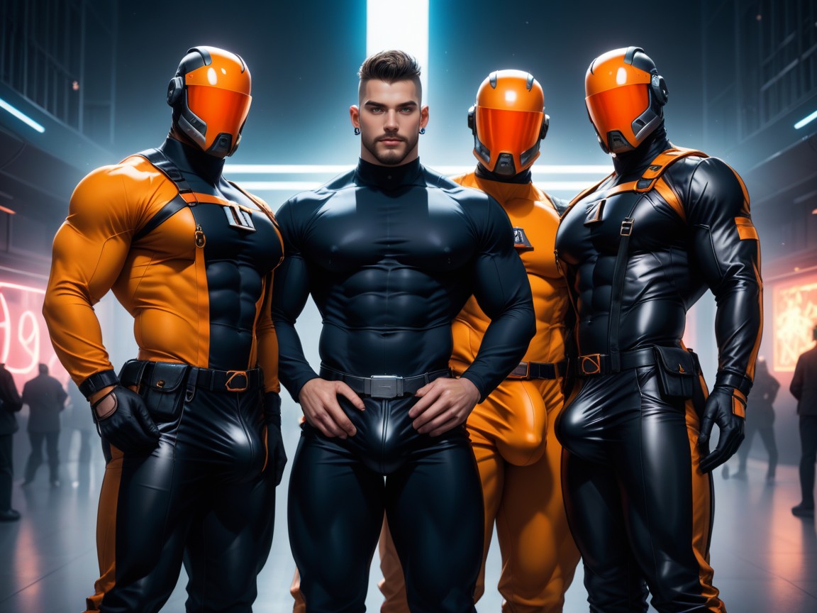 Massive Engorged Cock Bulge Under Clothes, Sleek Visor Glasses, Full Thick Beard AI Gay Porn