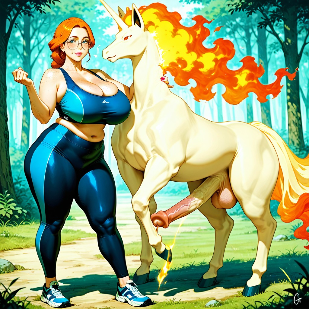 Soft Body, Round Glasses, Woman Stands Near Rapidash AI Gay Porn