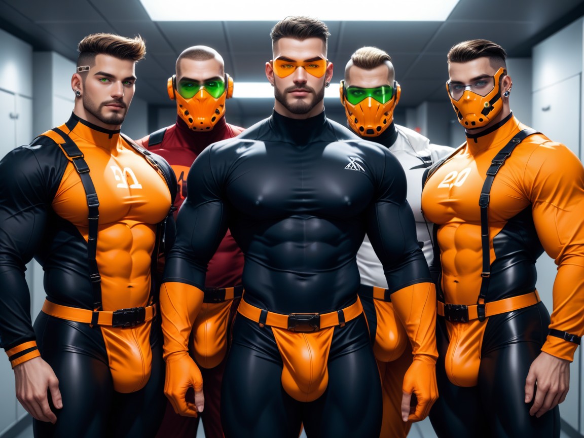 Muscle Daddy Physique, Gigantic Bulge Under Clothes, Neon AI Gay Porn