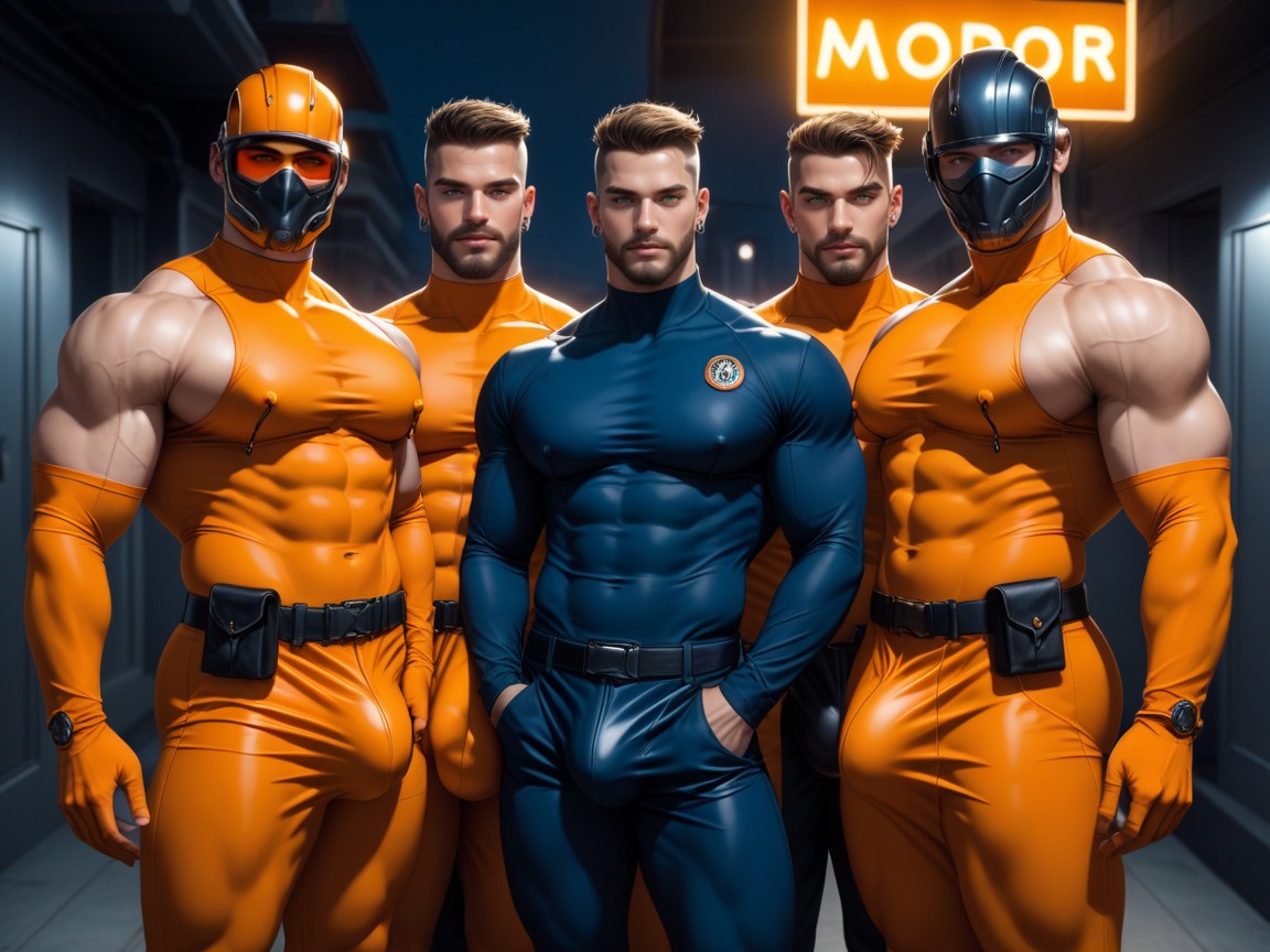 Massive Engorged Cock Bulge Under Clothes, Holster On Thigh, Wearing A Black With Orange Trim Bodysuit AI Gay Porn