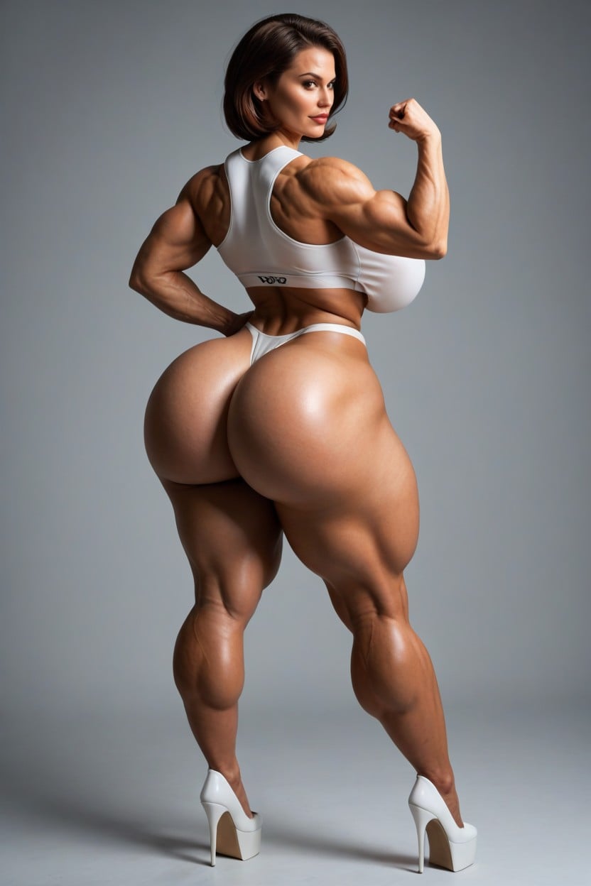 Flexing Both Arms, White Platform High Heels, Massive Bbl MILF AI Porn