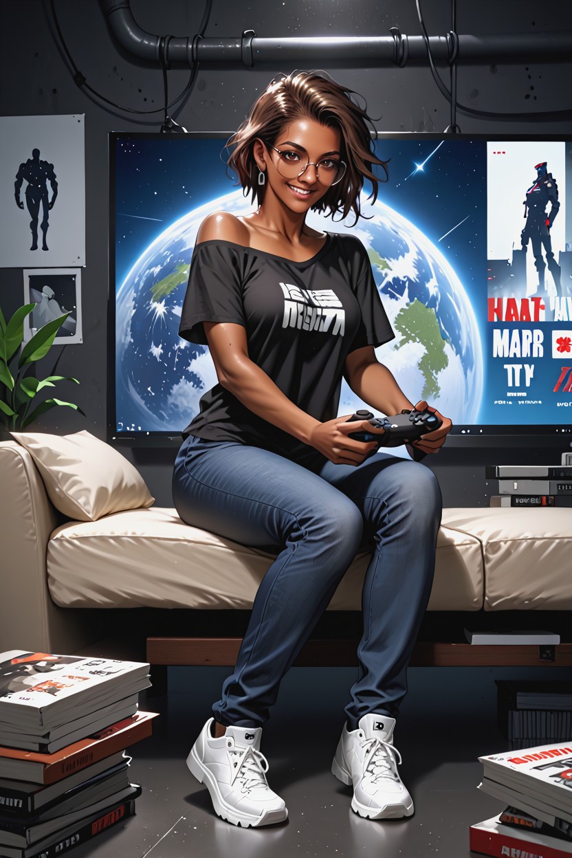Sitting Cross-legged In Front Of Tv, Spaceship, Game Controller Hentai AI Porn