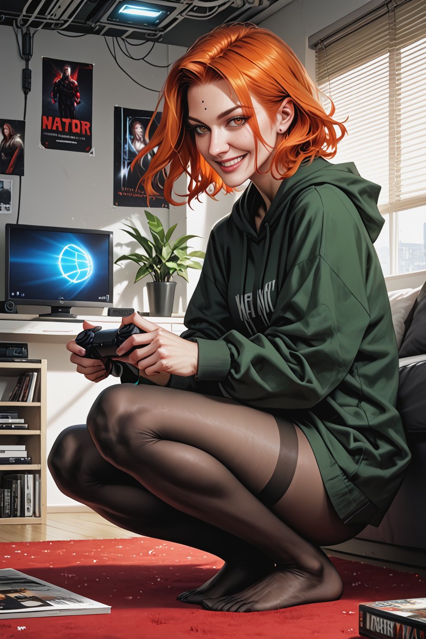Tv Screen, Hyperrealistic, Very Short Hair Hentai AI Porn