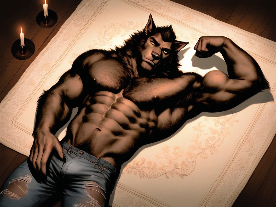 Werewolf Flexing Biceps, Wide-shot, Werewolf Laying In A Rustic Wood Cabin AI Gay Porn