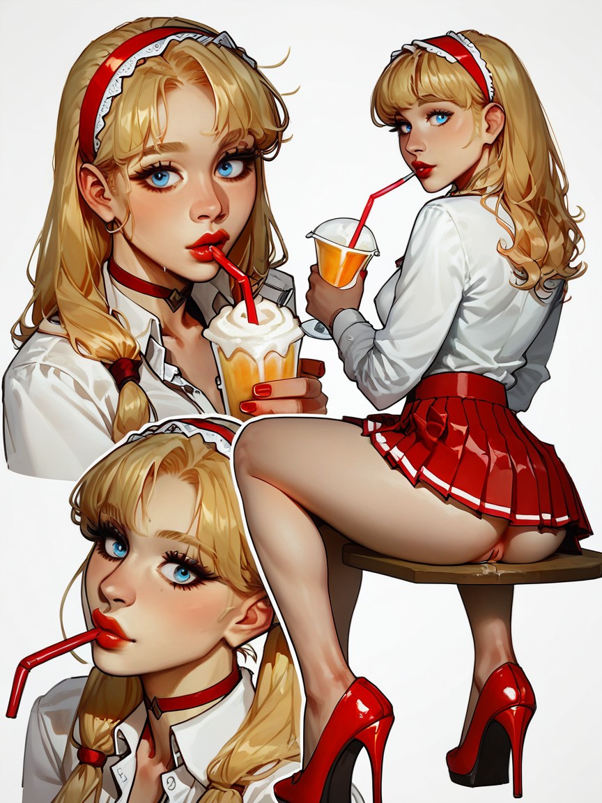 Woman Sitting At A Lunch Counter Forward Sipping A Milkshake, Twin High Ponytails, Long Legs AI Porn