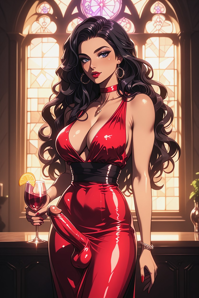 Sultry Smoldering Look, Ultra Long Hair, Penis Pushing Up Beneath Dress Shemale AI Porn
