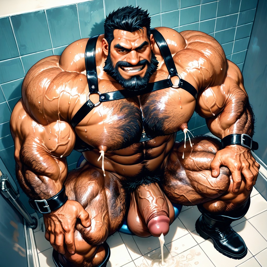 Harness, Sweat Dripping From Face, Bathroom Stall AI Gay Porn