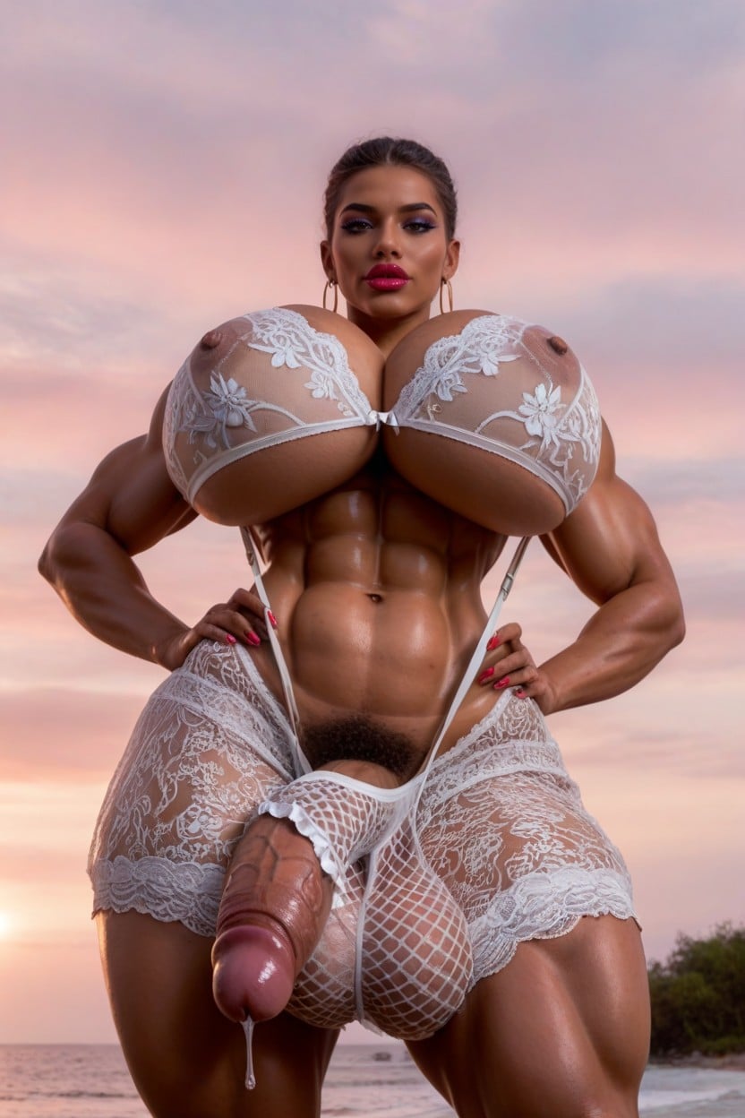 Very Detailed Erect Cock, Gigantic Ball Sack, Looking Down At The Viewer Shemale AI Porn