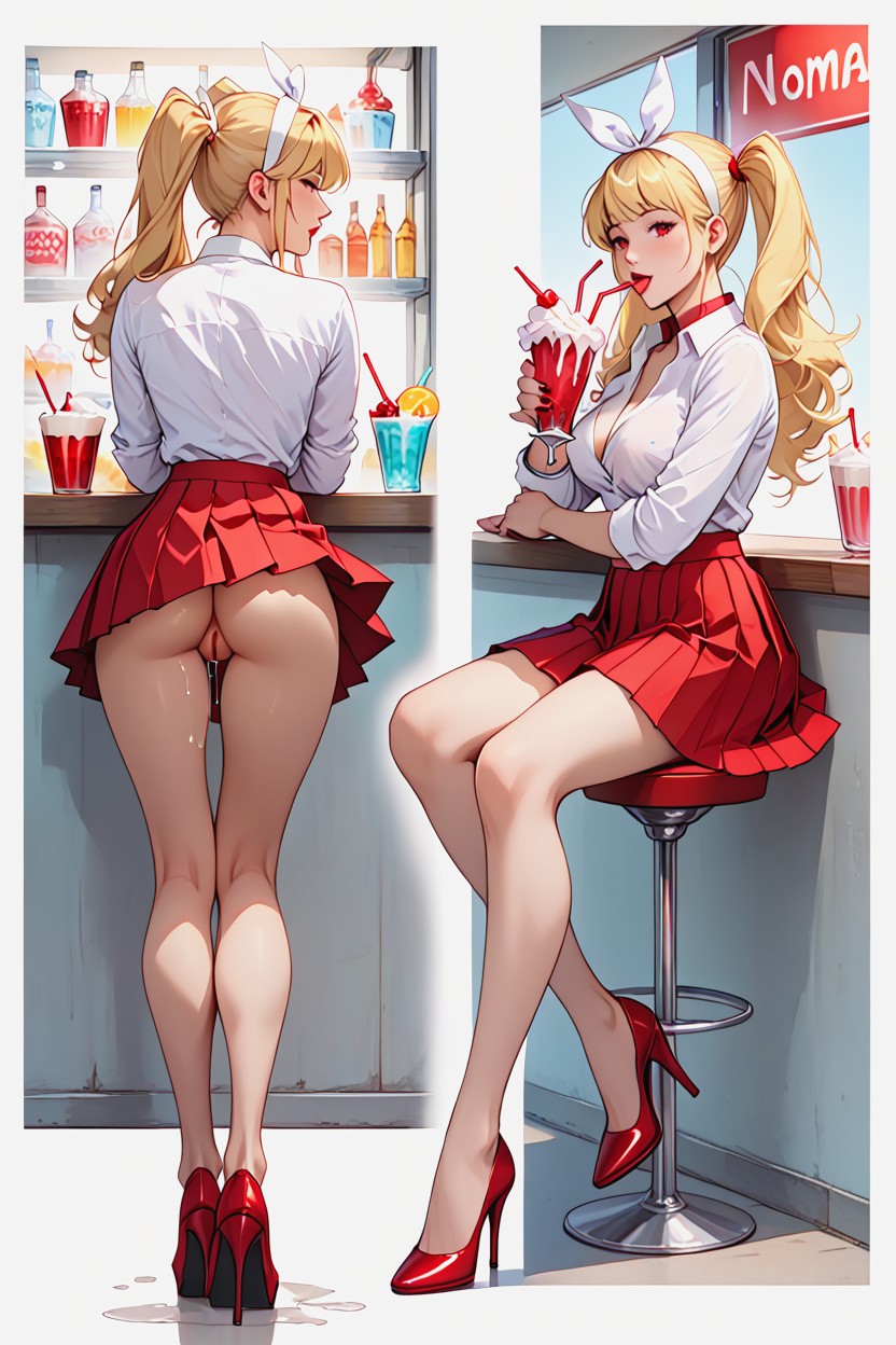 Red Pleated Minskirt, Red Nails, Multiple Views AI Porn