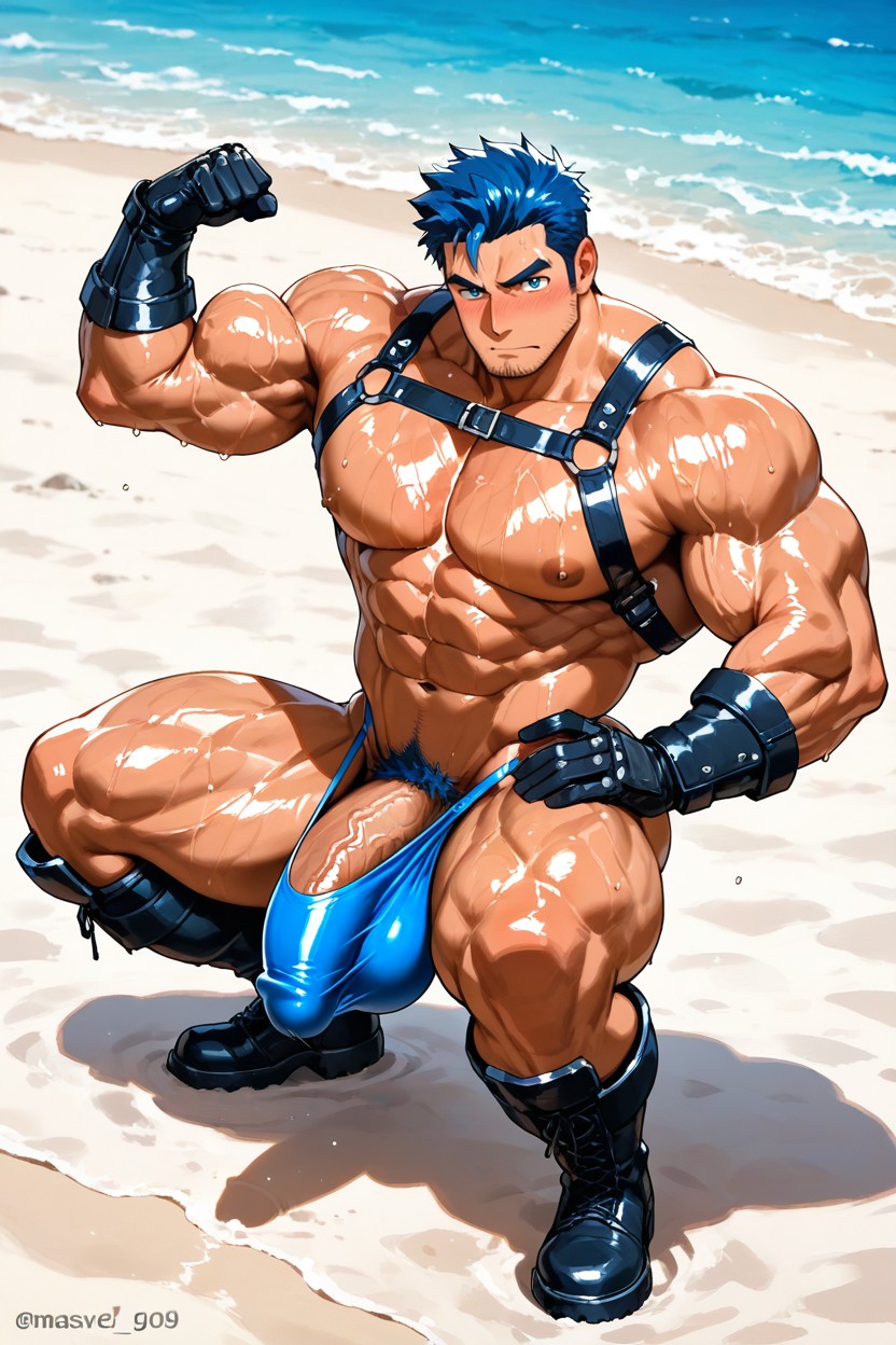 Thong, Showing Bulge, Blue Hair AI Gay Porn