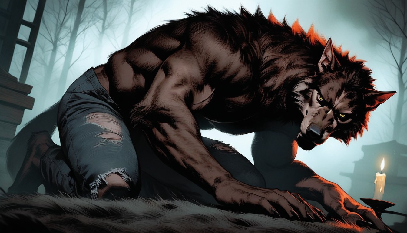 Yellow Eyes, Werewolf Is Looking Up At The Viewer Longingly, 18+ AI Gay Porn