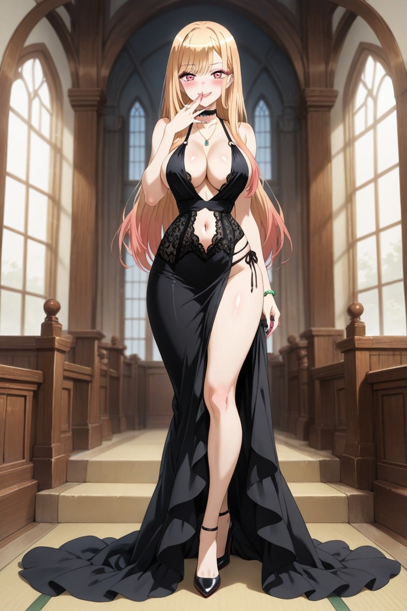 Standing, Exposed Cleavage, Silk Dress Hentai AI Porn
