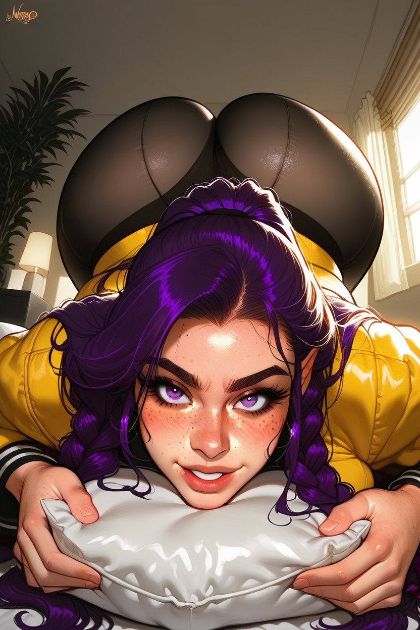 Bright Yellow Jacket, Grabbing Pillow, Wet Body Hentai AI Porn