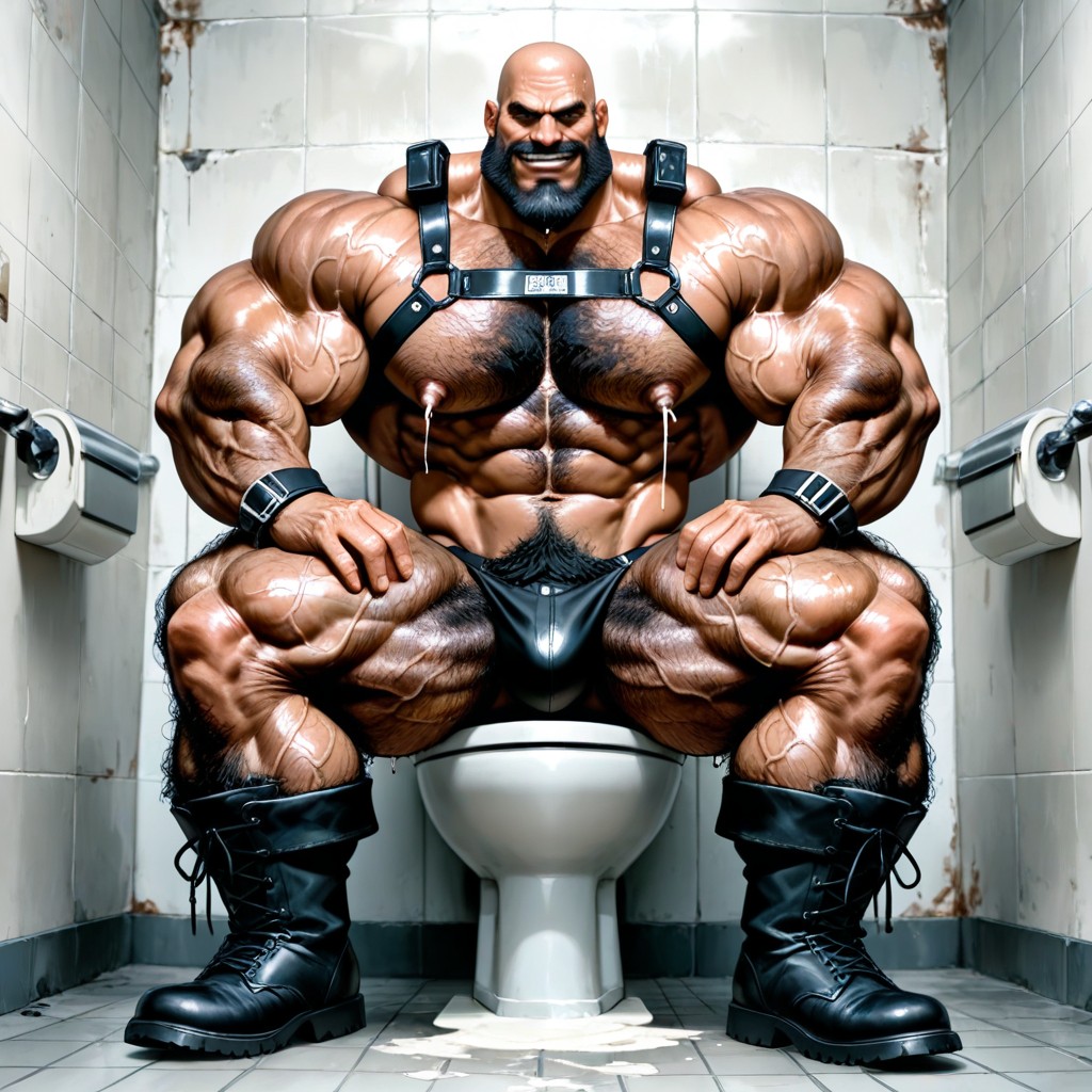 Sitting Down On Toilet, Bodybuilder, Excessive Hyper Hairy AI Gay Porn