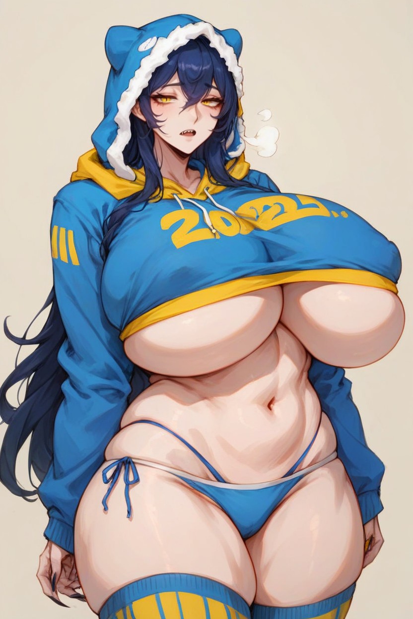 Dark Yellow Eyes, Blue Hoodie, Curvy Body Hentai AI Porn