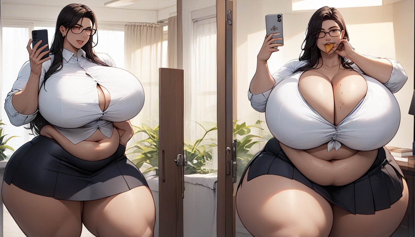 Selfie, Standing Eating Snacks At The Office, Cleavage BBW AI Porn