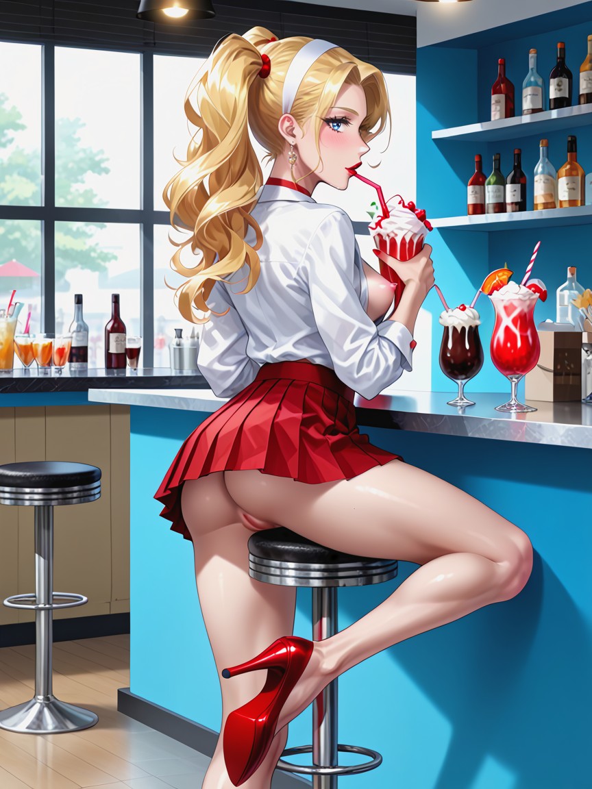 Red Choker, Small Ass, Elbows Are On The Counter With Both Hands Holding The Straw AI Porn